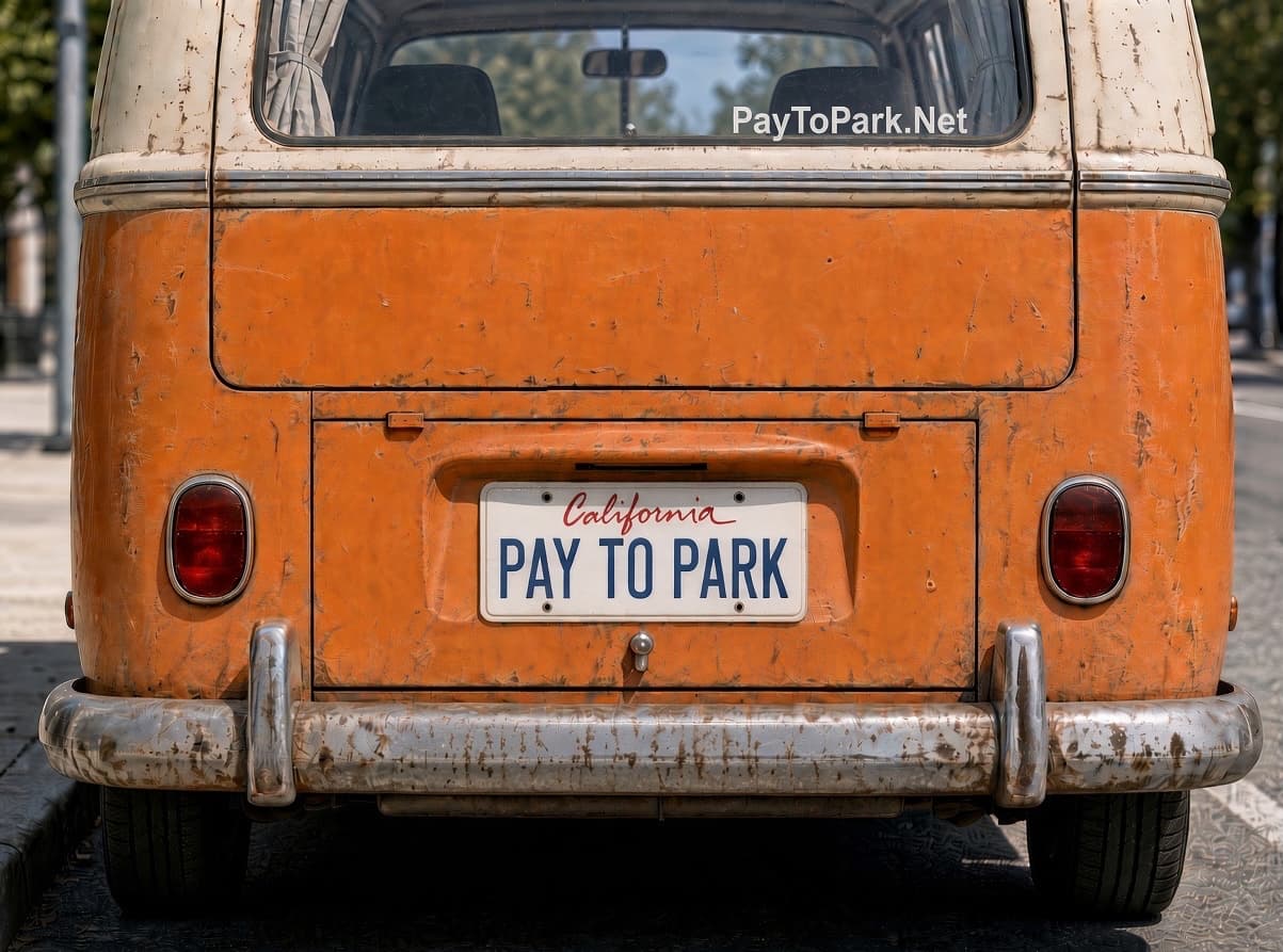 Back of an orange vintage bus with a California license plate reading Pay to Park and a funny bumper sticker above it